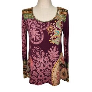 JOHNNY WAS Dragon Print Long Sleeve Scoop Neck Top Burgundy XS Bamboo Knit